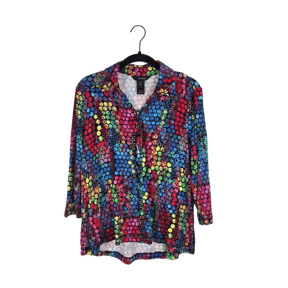 Ali Miles Abstract Geometric Artsy Toggle Button Down Top M‎ Petite Psychedelic